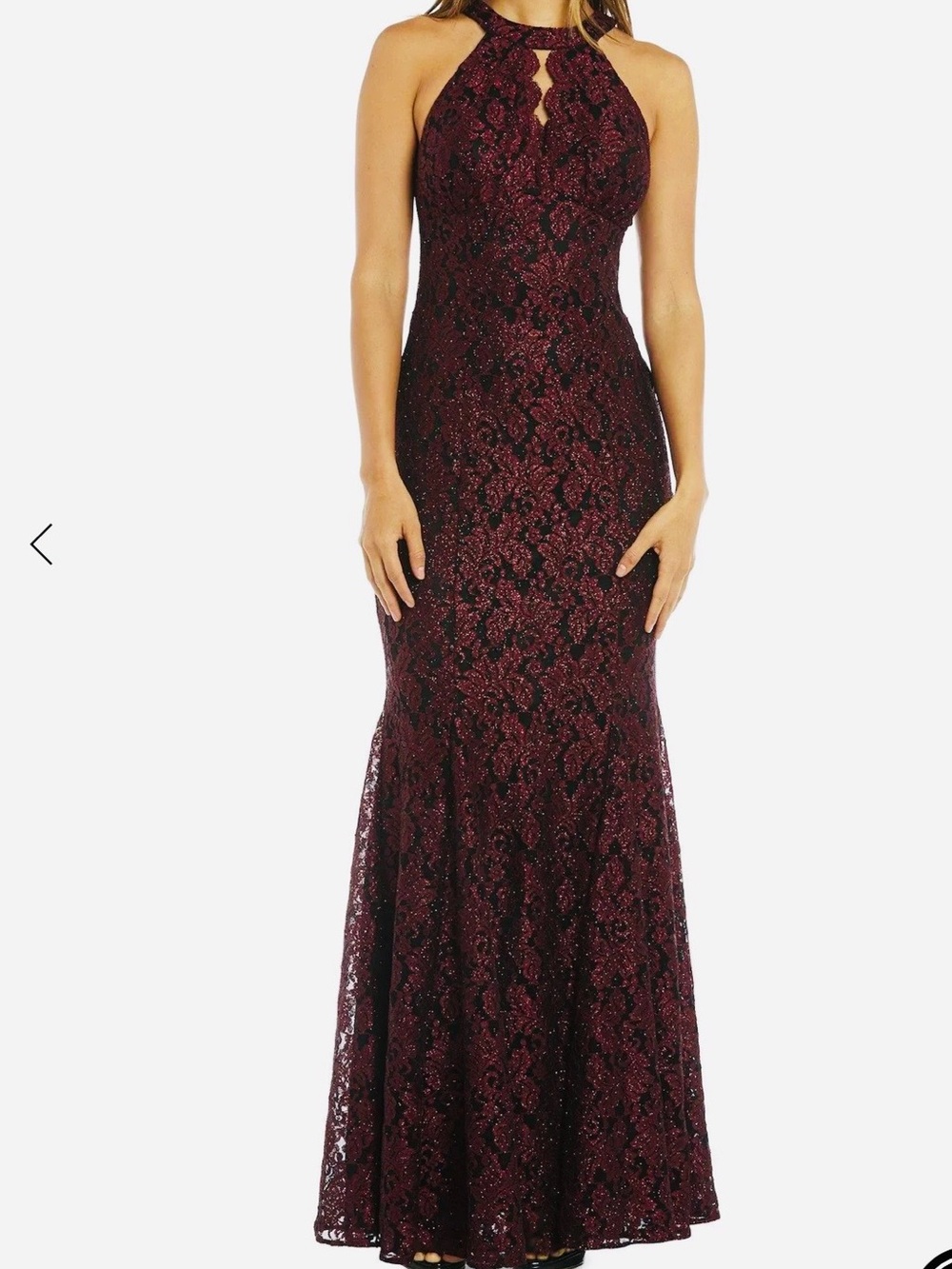 Night Way Collections Burgundy Glitter Lace Halter Maxi Dress